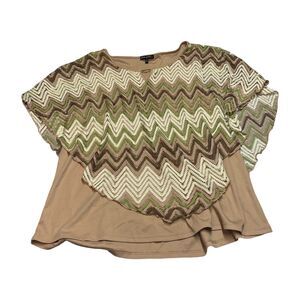 Jade Moon Blouse Top Women's 2X Brown Multi Printed Round Neck Pullover